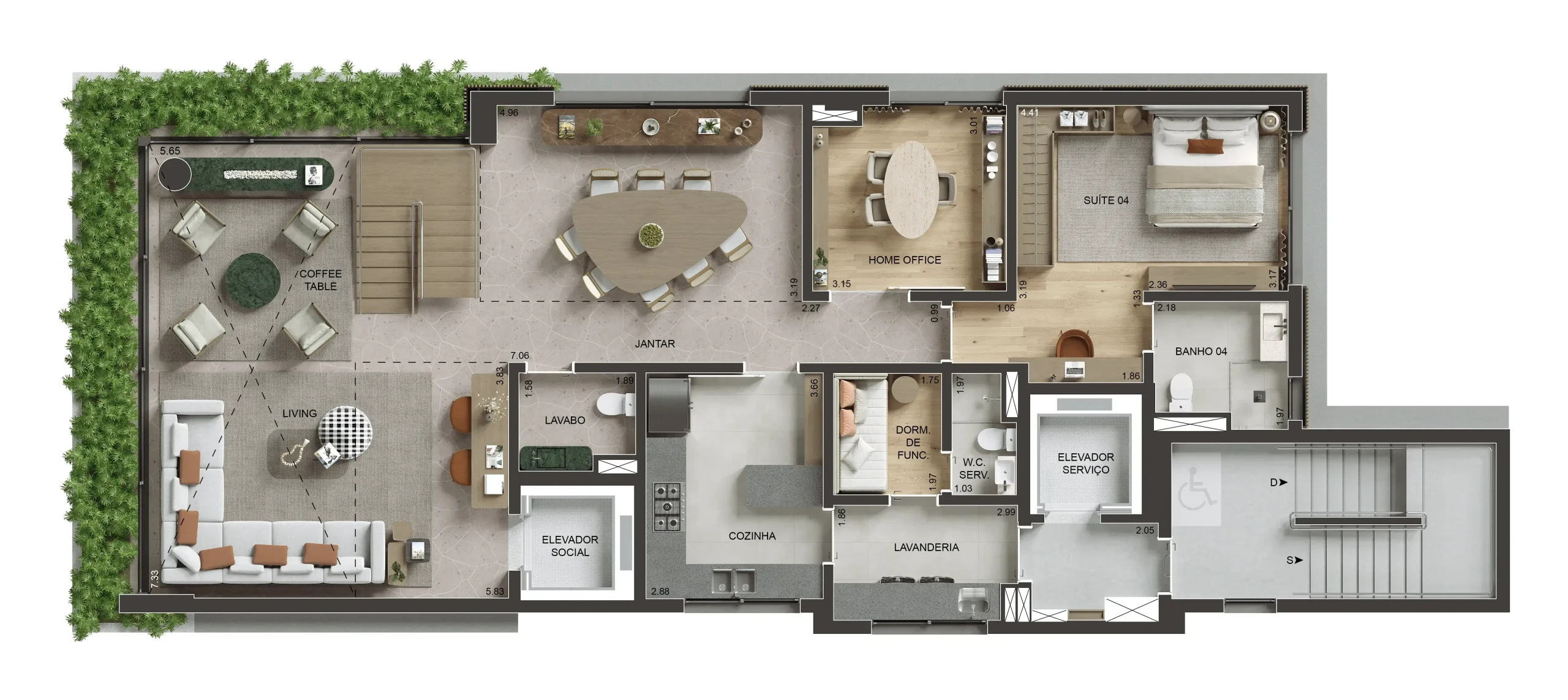 Planta do andar inferior do triplex: o living com pé-direito duplo, o jantar, a cozinha, a área de serviço, o lavabo, a escada interna e o terraço com jardineira.