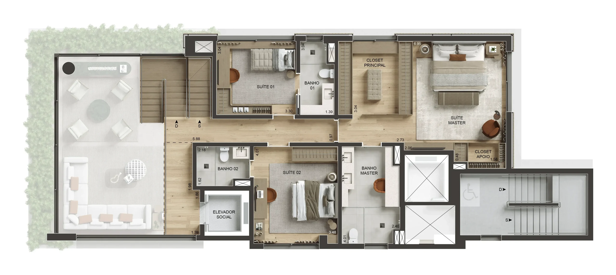Planta do andar superior do triplex: as suítes com closet e banheiro, a suíte master e a escada interna, com a jardineira em volta da laje.