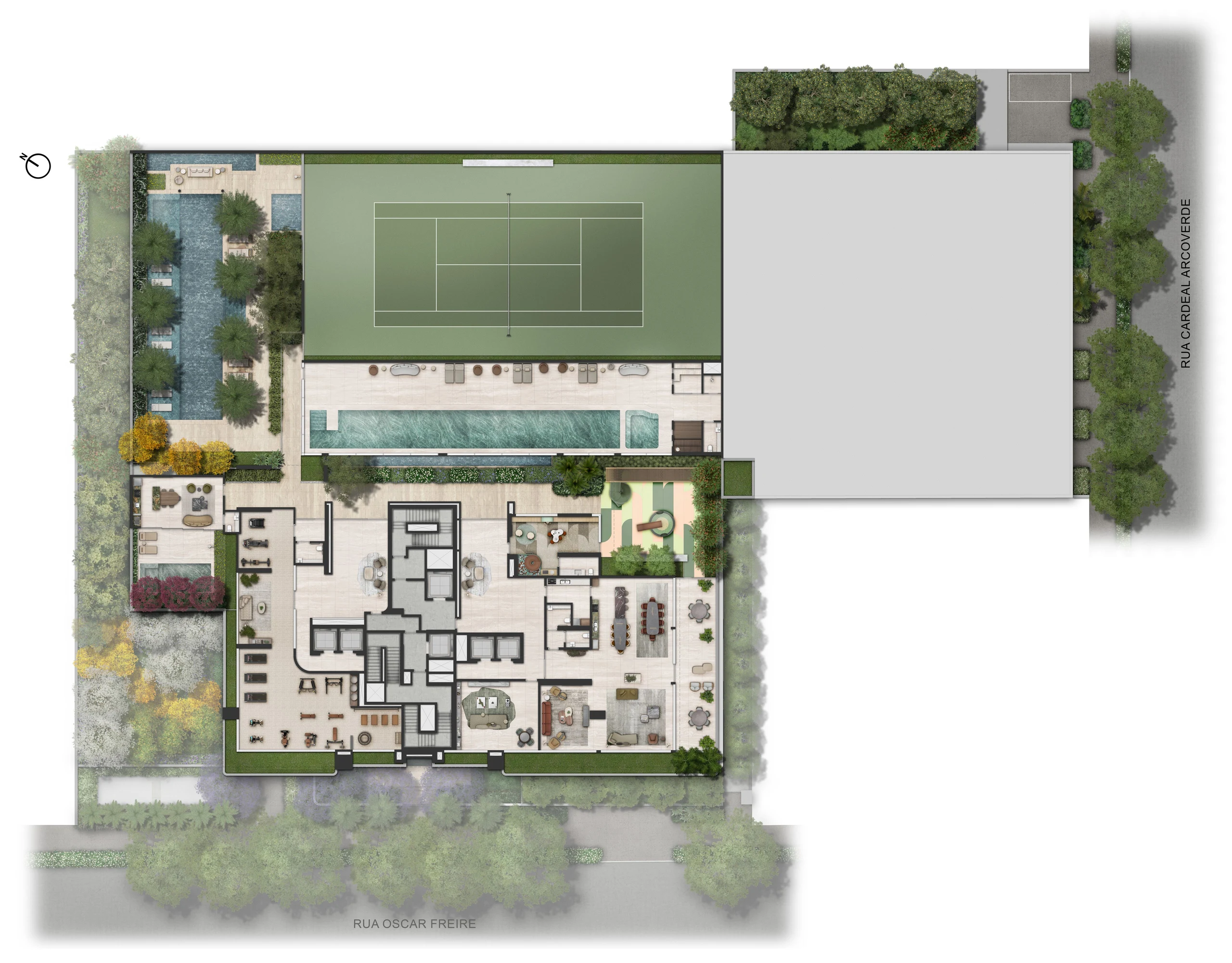 Implantação ilustrada do térreo: a quadra de tênis e a piscina coberta no fundo do terreno, a piscina descoberta com coqueiros à esquerda e o embasamento da torre junto à Rua Oscar Freire.