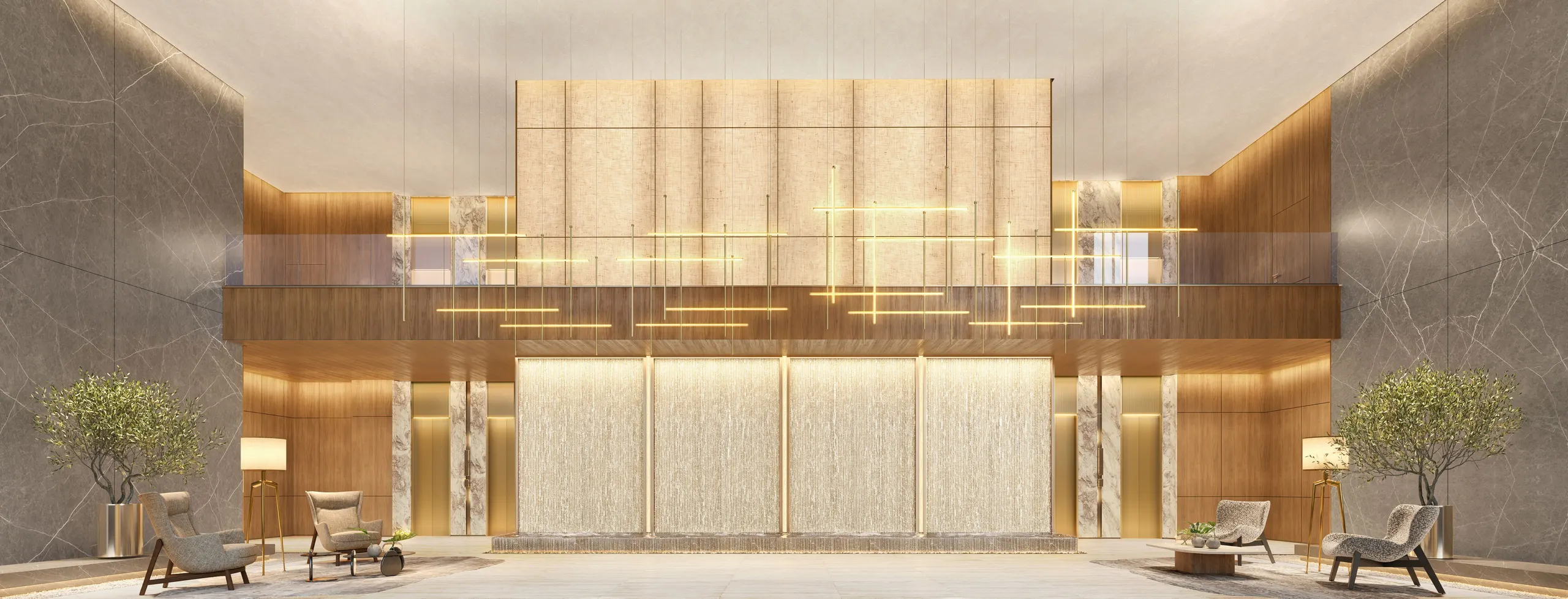 Perspectiva ilustrada do lobby: pé-direito duplo, um painel claro iluminado ao fundo, poltronas baixas e plantas nos cantos.