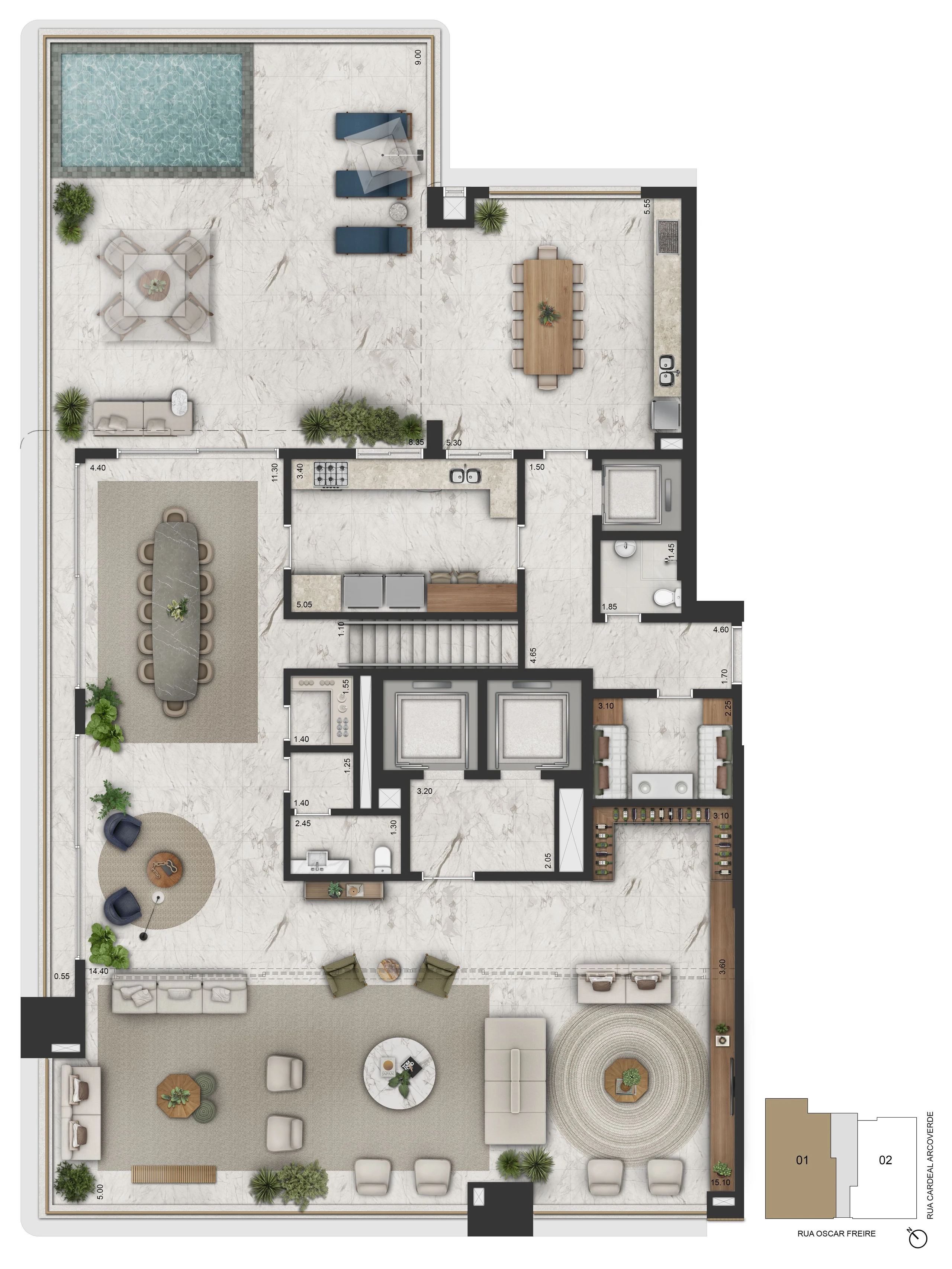 Planta do piso inferior do duplex de 698,10 m², no 45º pavimento, com terraço gourmet e piscina.