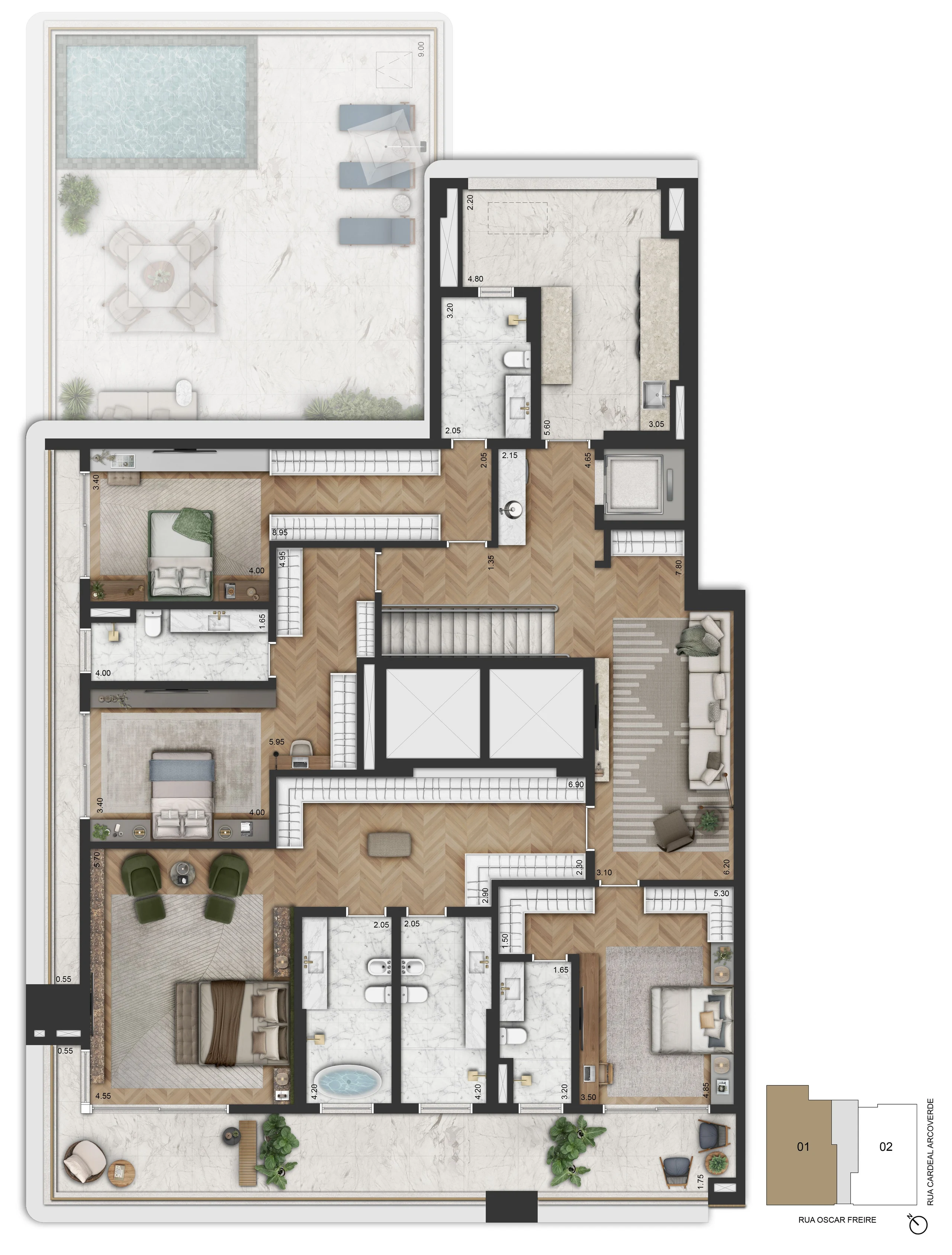 Planta do piso superior do duplex de 698,10 m², no 46º pavimento, com 4 suítes, sala íntima e master com banho Sr. e Sra.