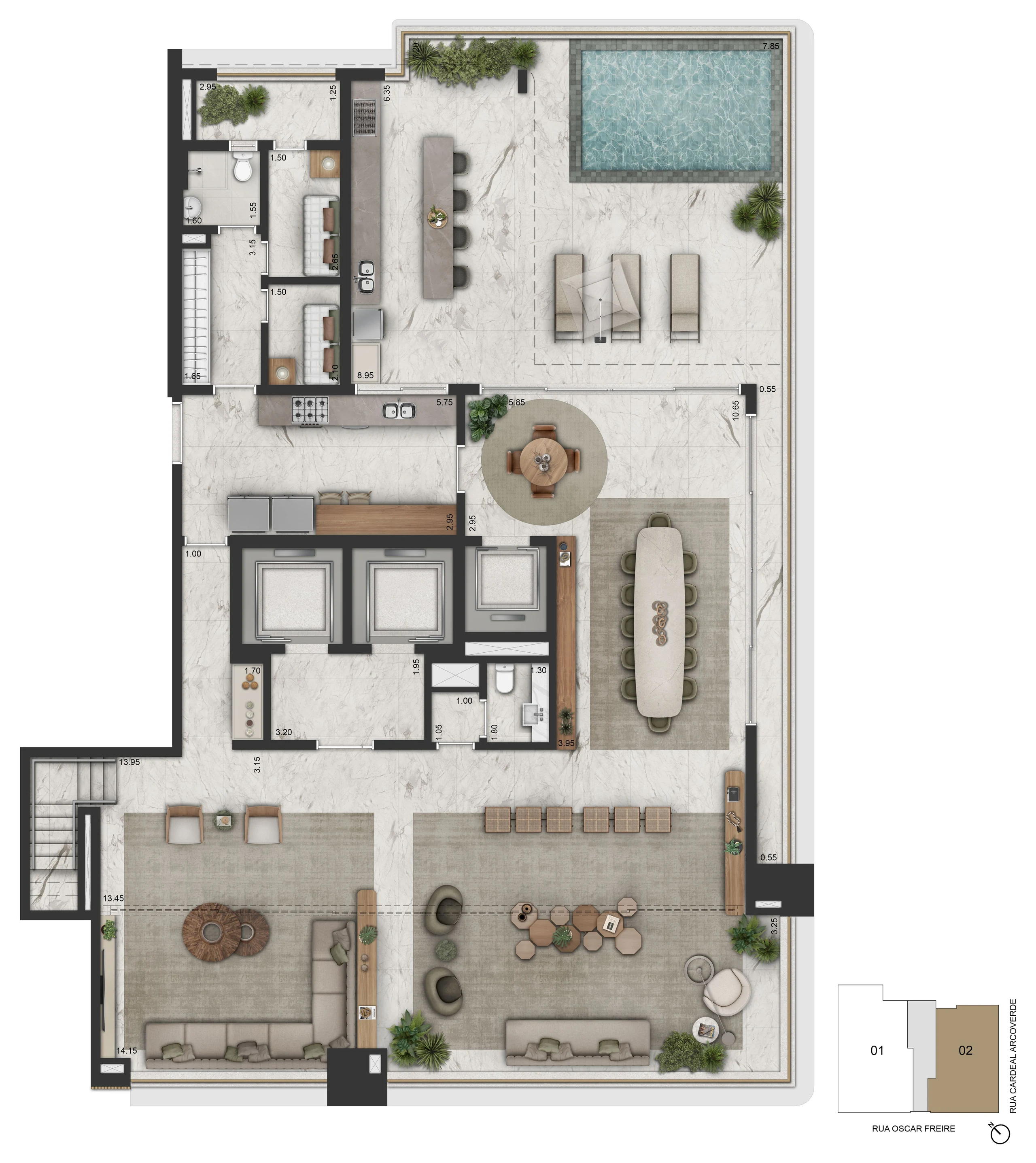 Planta do piso inferior do duplex de 581,95 m², no 45º pavimento, com terraço gourmet e piscina.