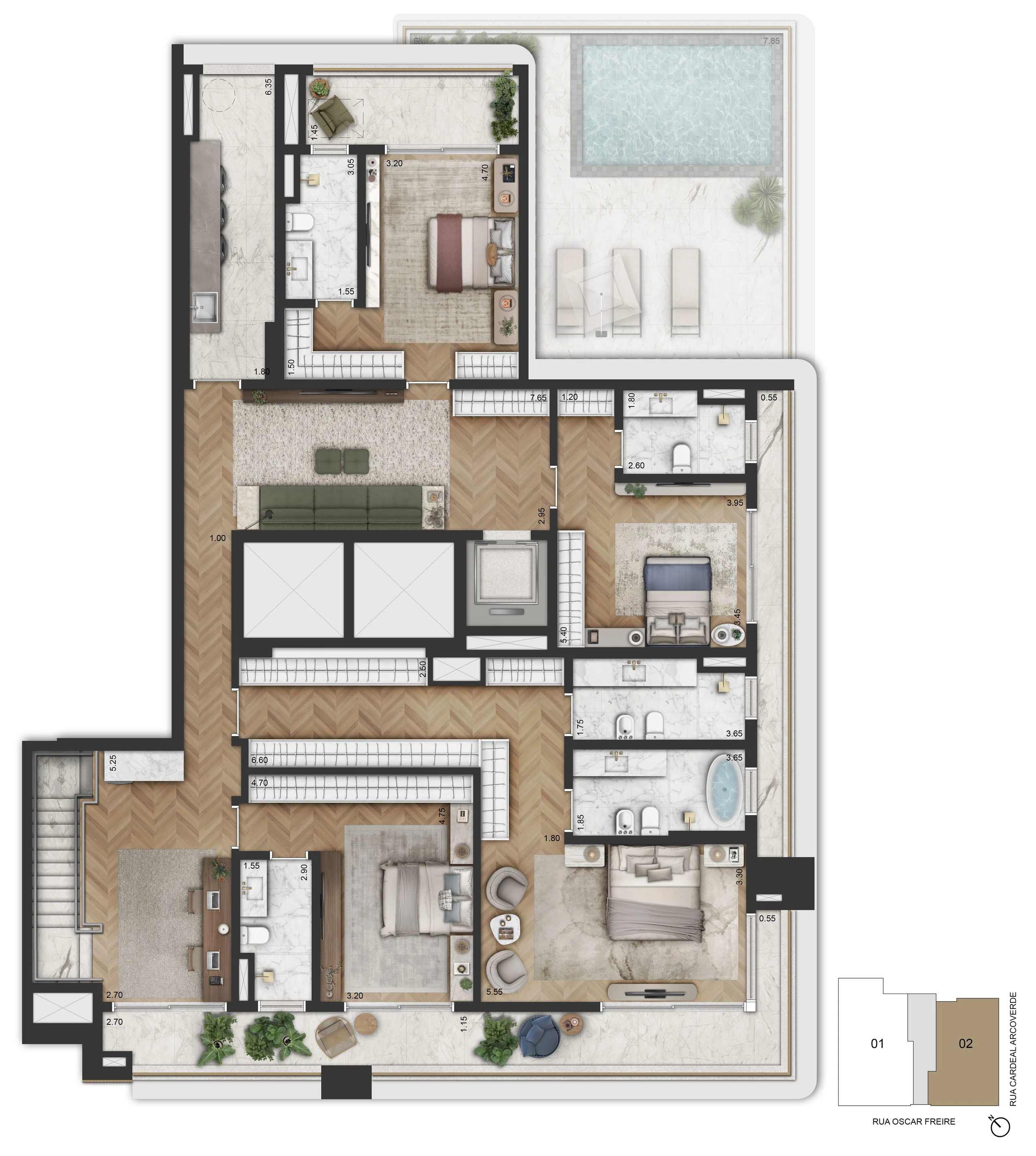 Planta do piso superior do duplex de 581,95 m², no 46º pavimento, com 4 suítes, sala íntima, home office e master com banho Sr. e Sra.