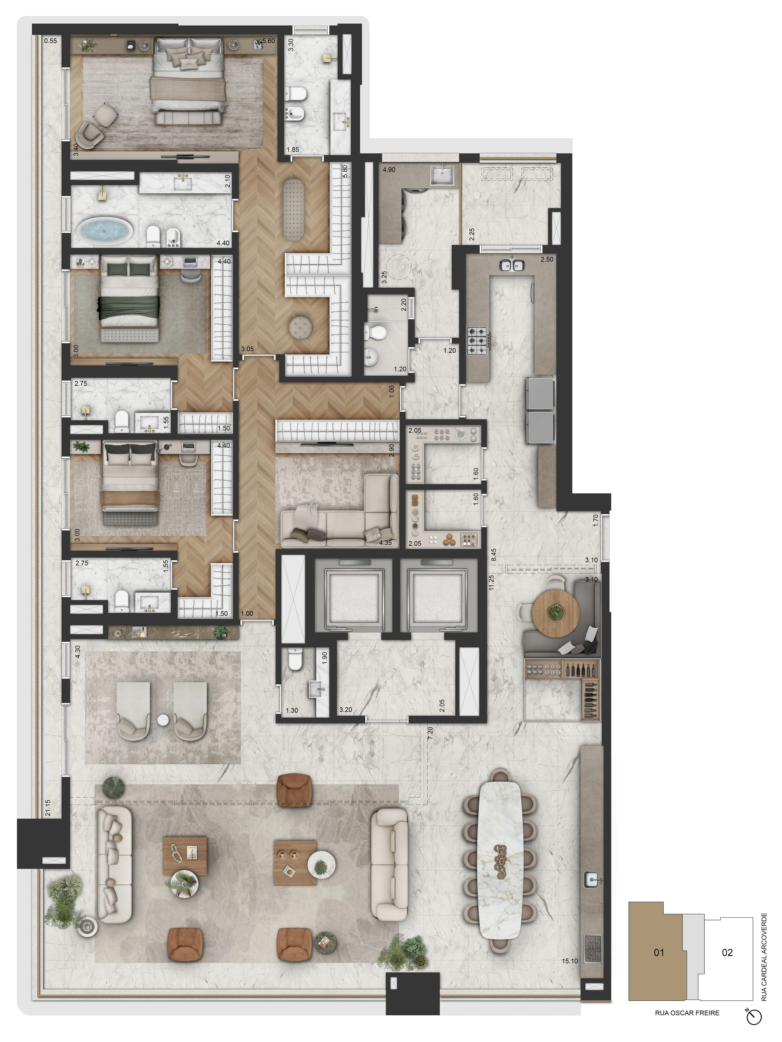 Planta opção 1 do apartamento de 365,20 m², com 3 suítes, sala ampliada e master com banho Sr. e Sra.