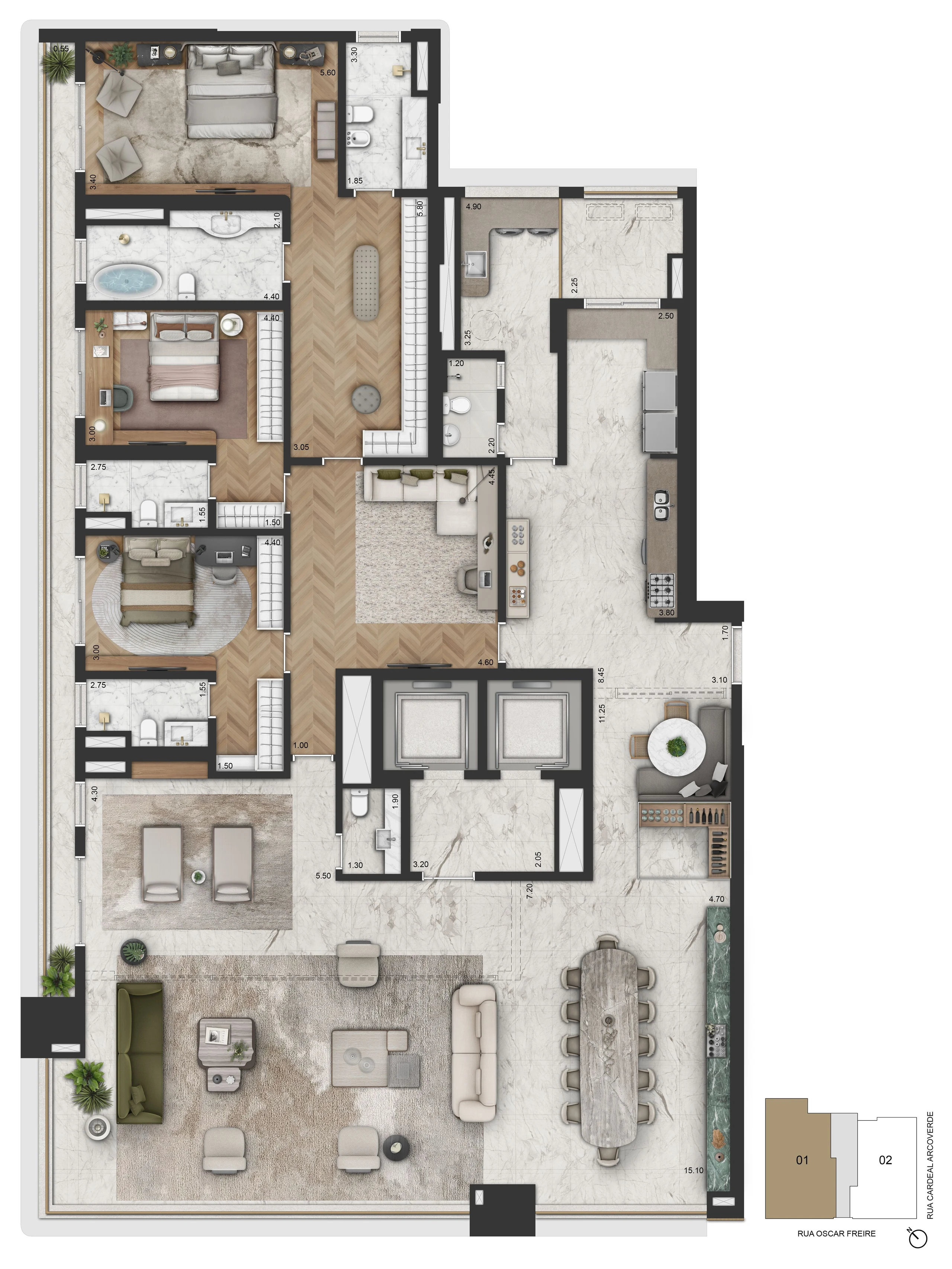 Planta opção 2 do apartamento de 365,20 m², a do decorado, com 3 suítes, sala íntima e master com banho Sr. e Sra.