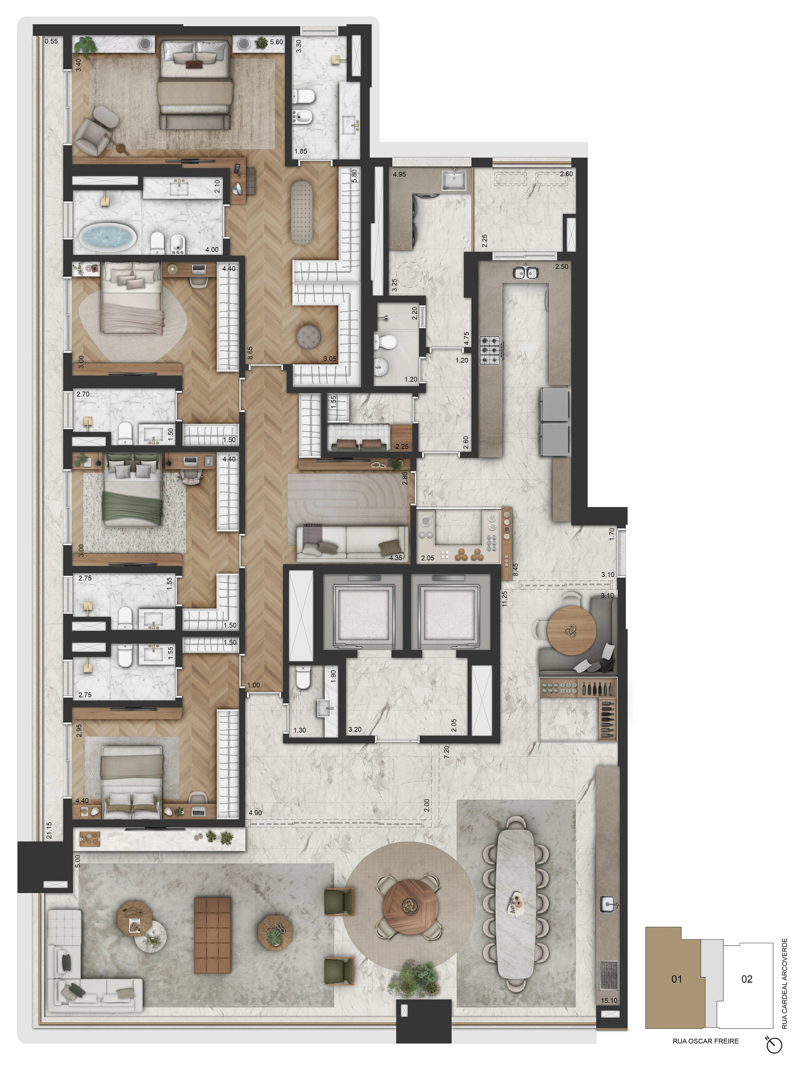Planta padrão do apartamento de 365,20 m², com 4 suítes, sala íntima e master com banho Sr. e Sra.