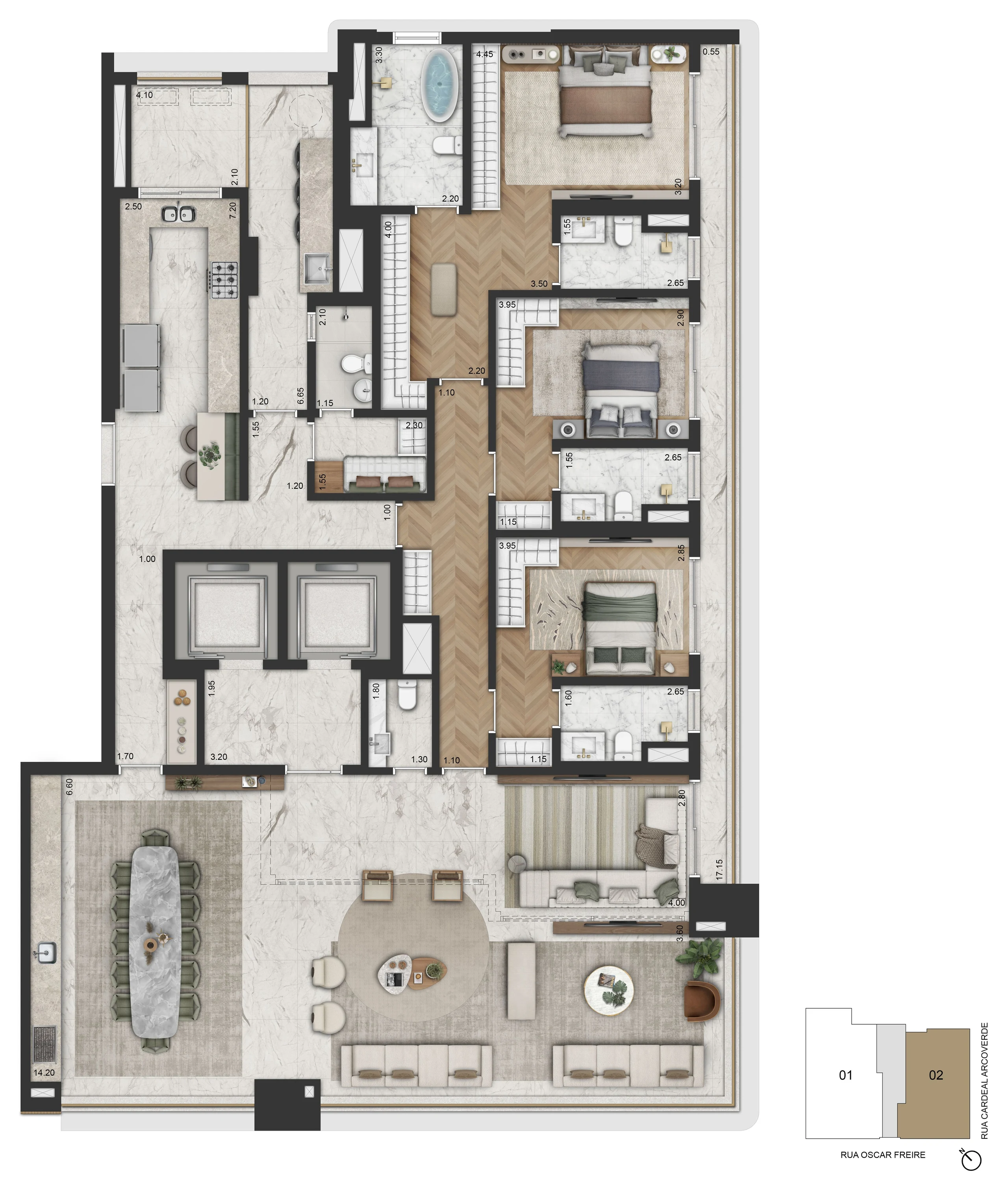 Planta opção 1 do apartamento de 284,60 m², com 3 suítes, sala ampliada e master com banho Sr. e Sra.