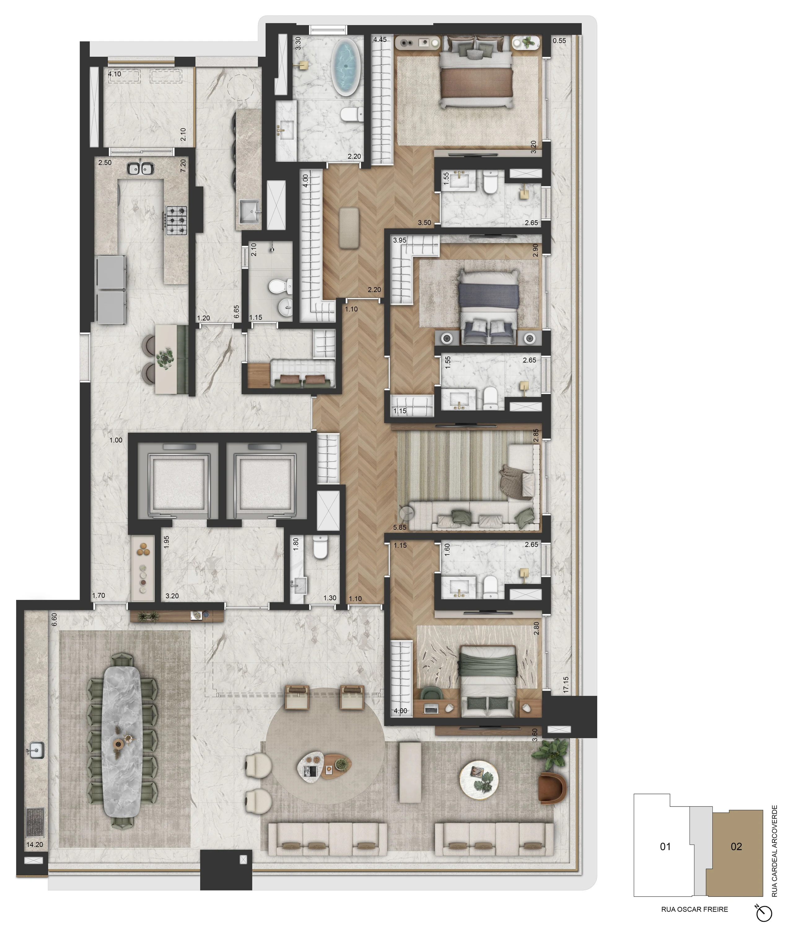 Planta opção 2 do apartamento de 284,60 m², com 3 suítes, sala íntima e master com banho Sr. e Sra.