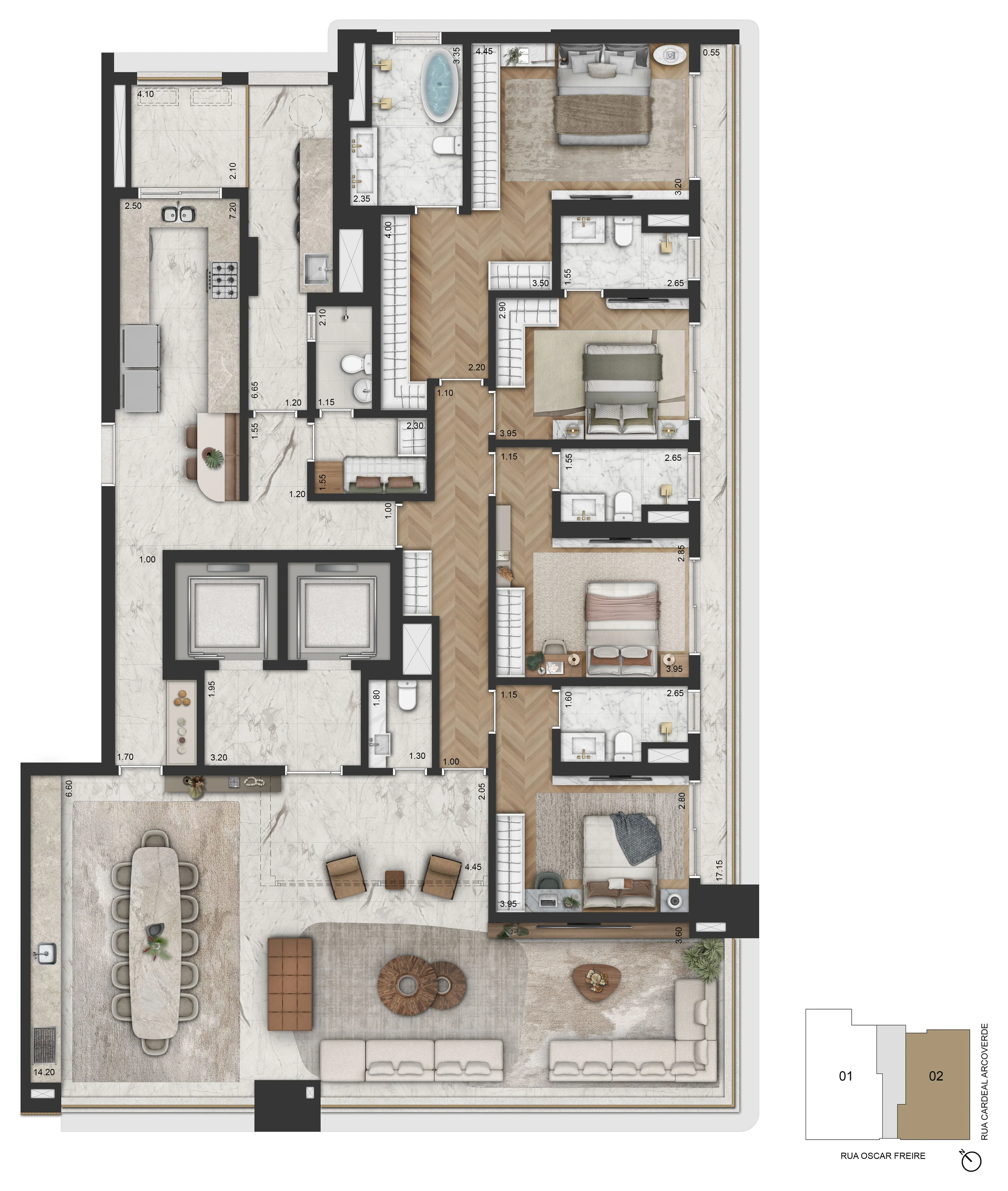Planta padrão do apartamento de 284,60 m², com 4 suítes.