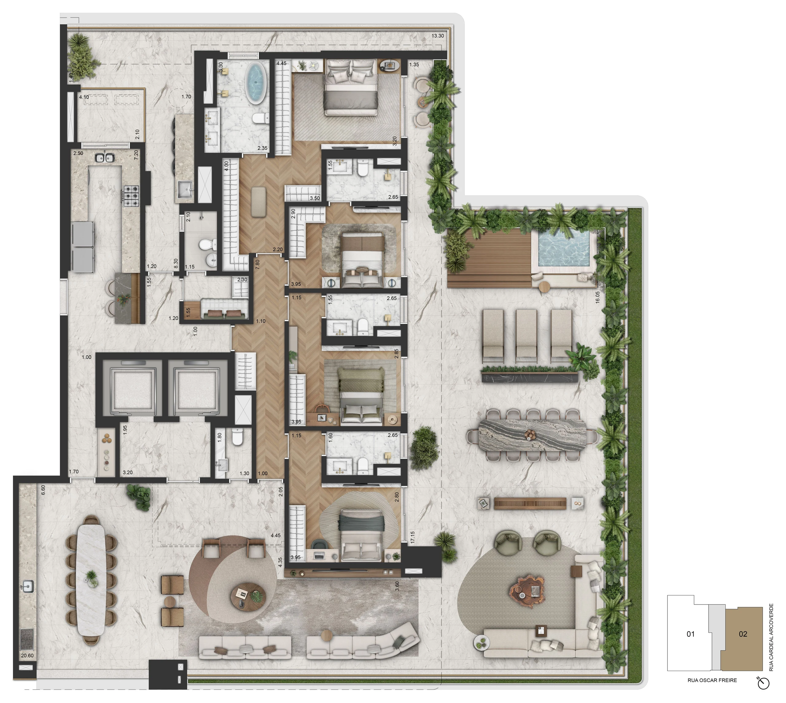Planta do garden de 437,35 m², Final 2, com 4 suítes e amplo terraço social descoberto.