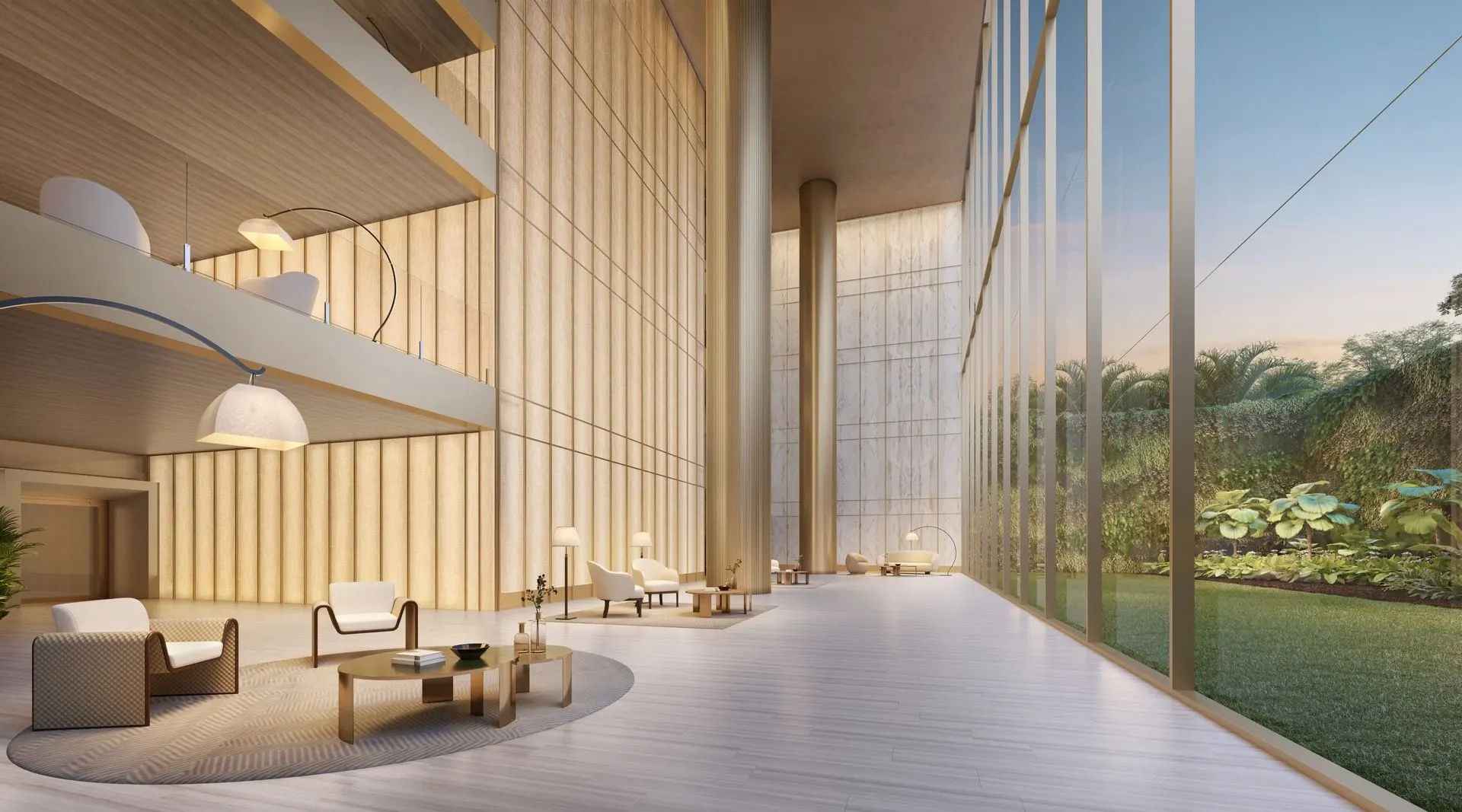 Perspectiva ilustrada do Atrium Garden da Torre Venezia: salão de pé-direito alto, com poltronas e parede de vidro para um jardim.