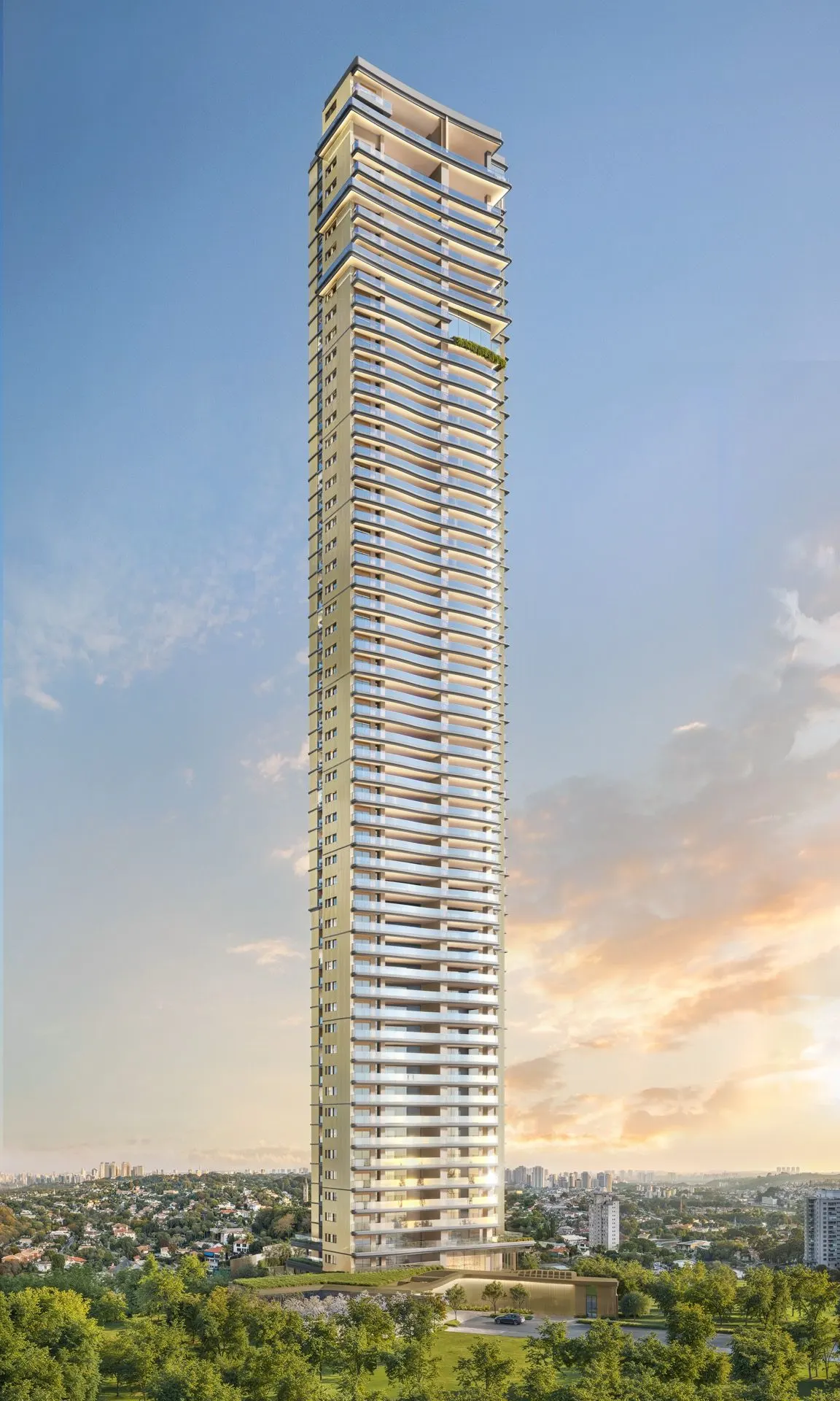 Perspectiva ilustrada da Torre Milano ao amanhecer: a torre de faixas horizontais acima das copas do Jardim Guedala, com o céu dourado à direita.