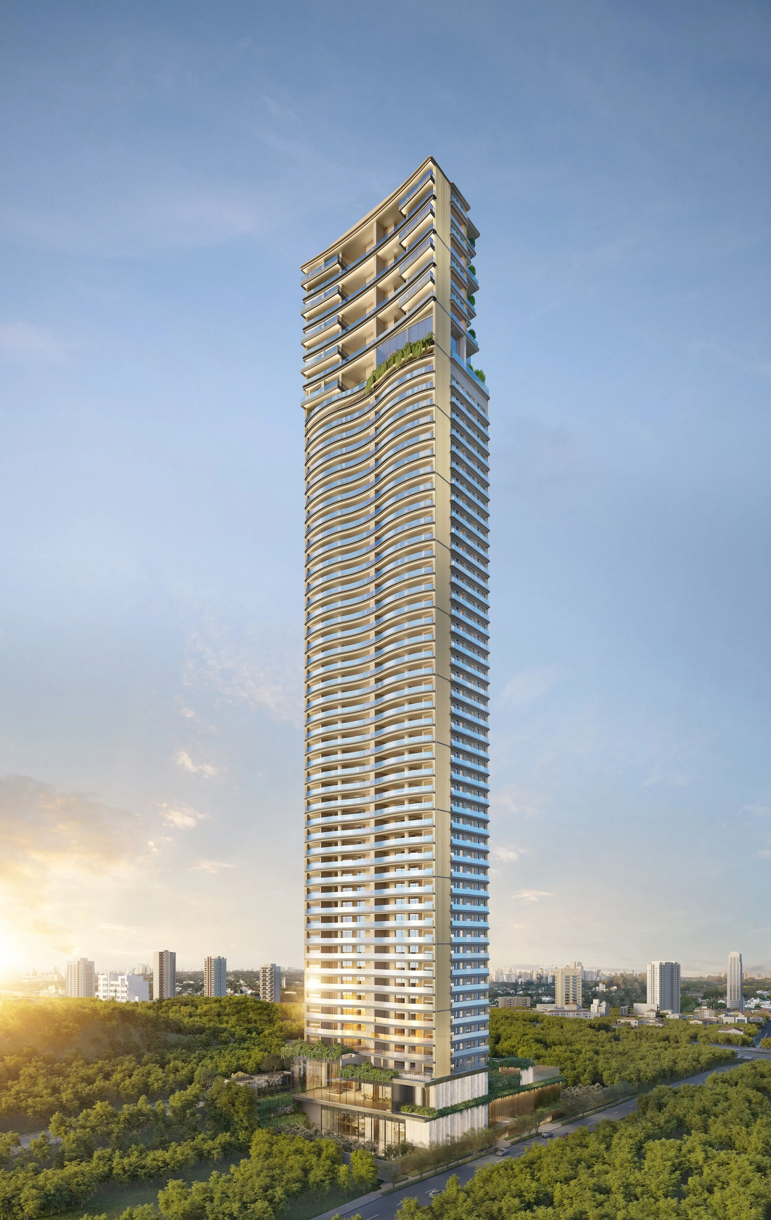 Perspectiva ilustrada da Torre Venezia ao amanhecer: a torre de varandas em curva sobre o verde, com o sol baixo à esquerda.
