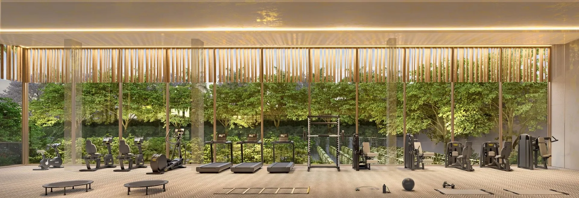 Perspectiva ilustrada do fitness da Torre Venezia: aparelhos alinhados diante de uma parede de vegetação.