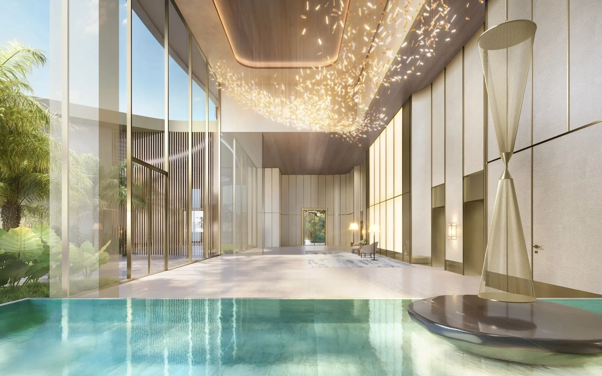 Perspectiva ilustrada do lobby térreo da Torre Milano: espelho d'água sob um teto de luzes suspensas e paredes de vidro para o jardim.