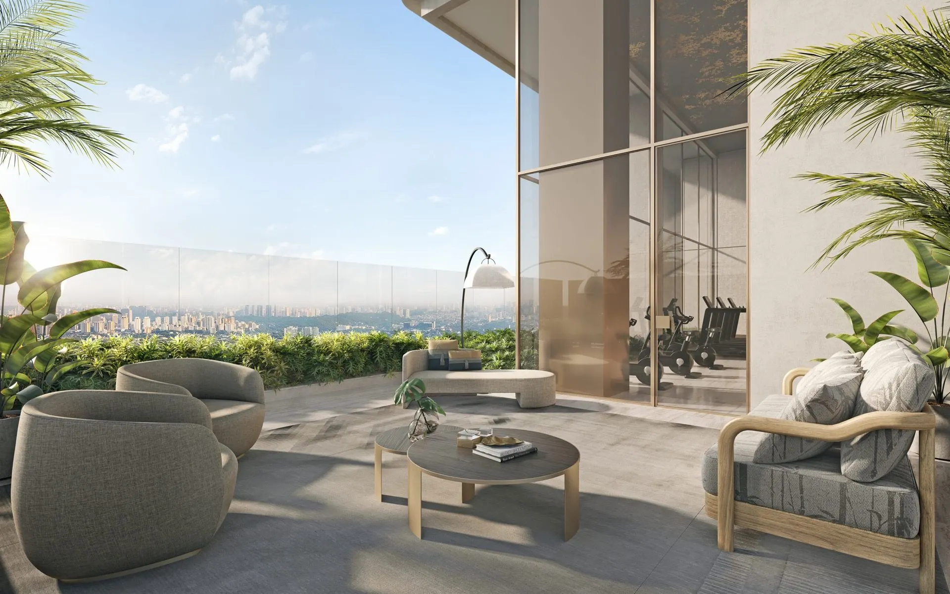 Perspectiva ilustrada do Floating Lounge da Torre Venezia: poltronas curvas, vegetação e a cidade até o horizonte.