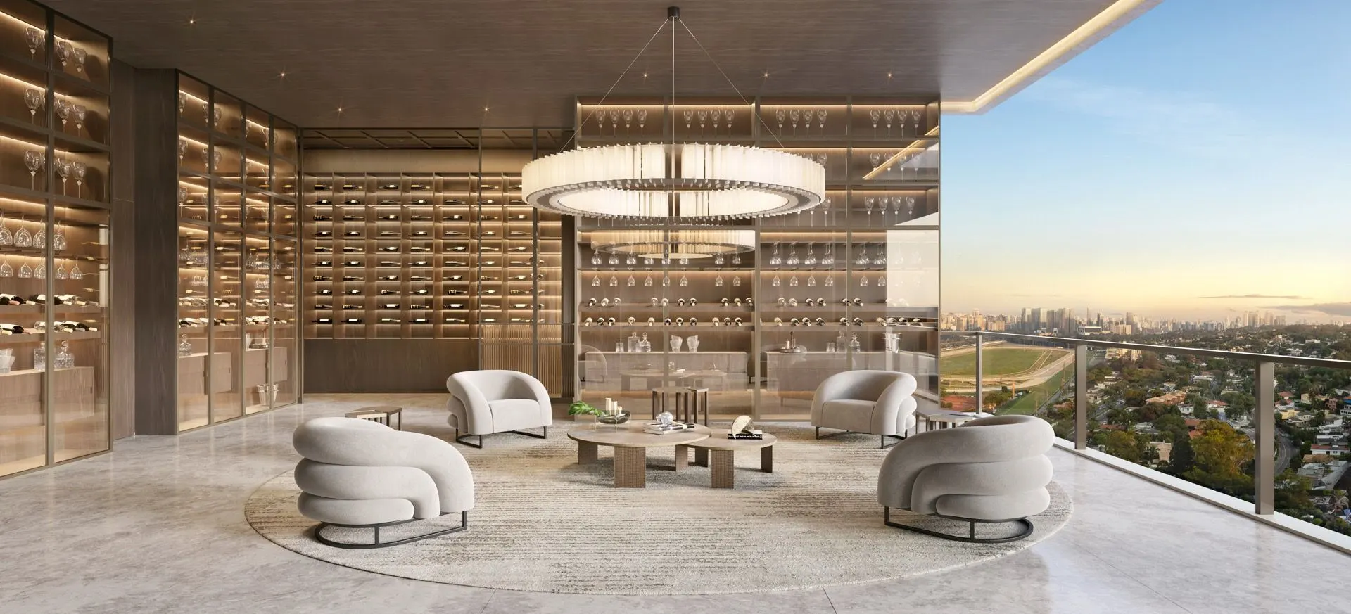 Perspectiva ilustrada de uma sala ampliada com adega na Torre Milano: poltronas curvas sob um lustre redondo, a adega envidraçada ao fundo e a cidade na janela.