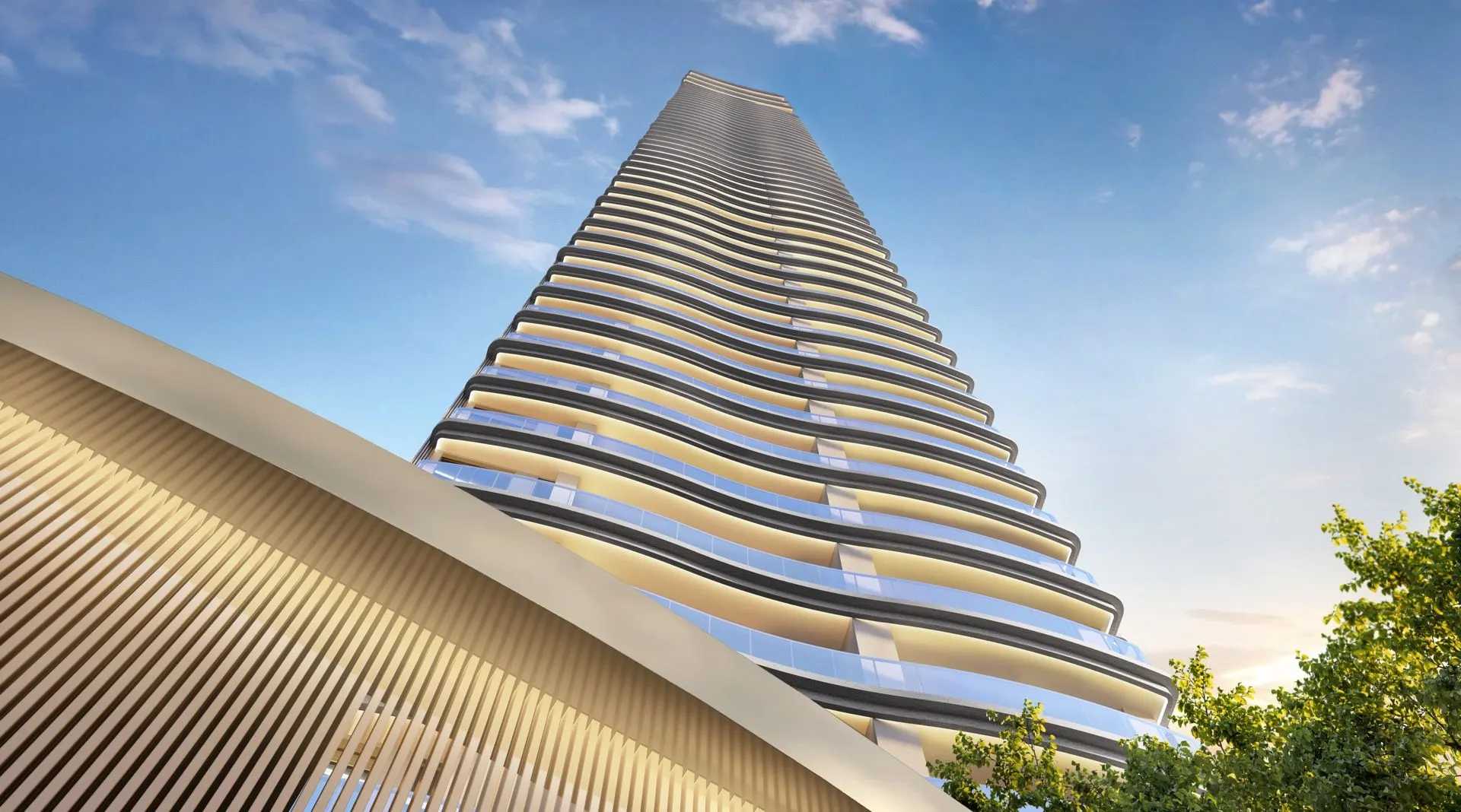 Perspectiva ilustrada da Torre Milano vista de baixo: as lajes curvas das varandas sobem em faixas claras contra o céu azul, com uma cobertura curva em primeiro plano.