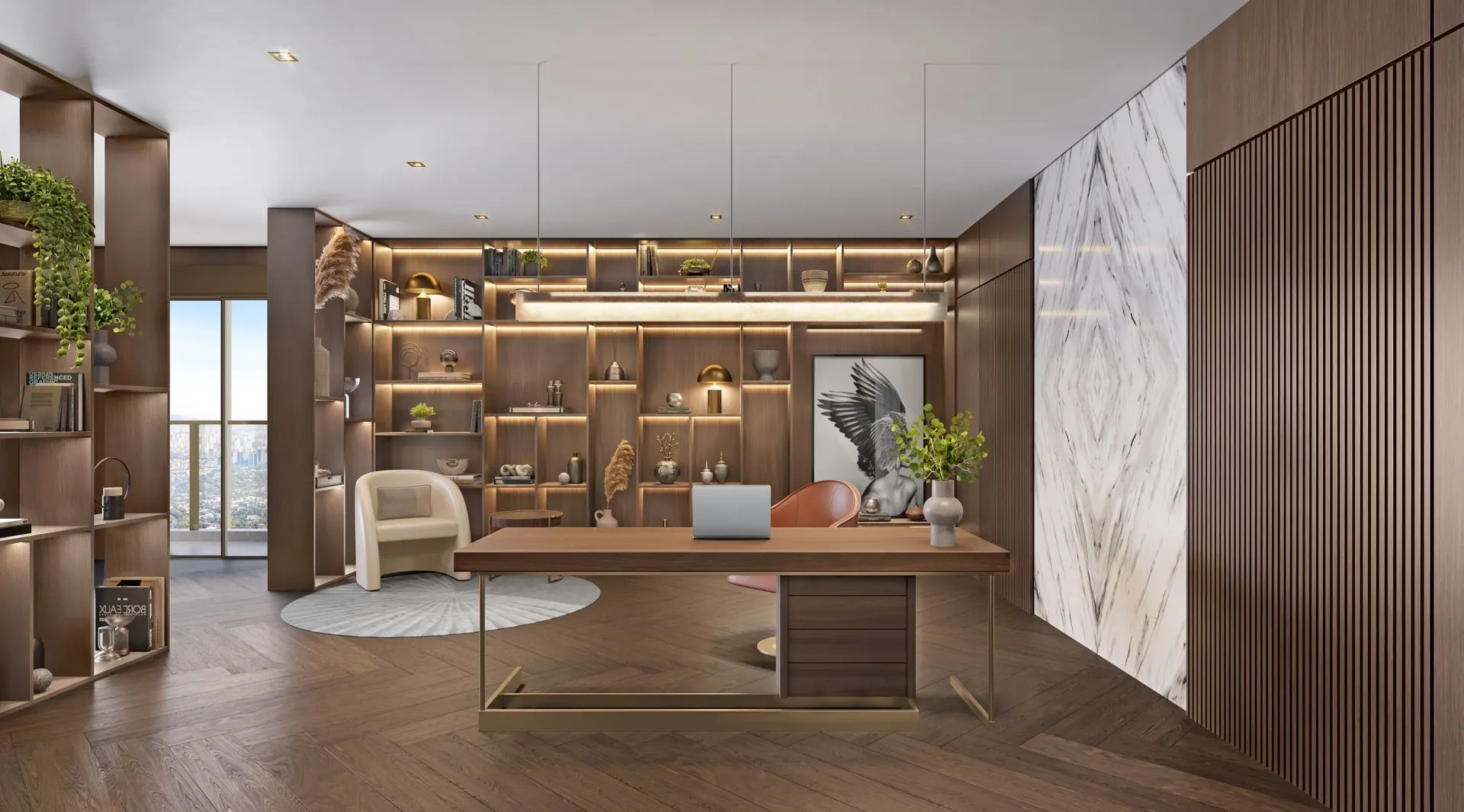 Perspectiva ilustrada de um home office na Torre Milano: mesa de madeira diante de estantes iluminadas, poltronas claras e um painel de mármore.