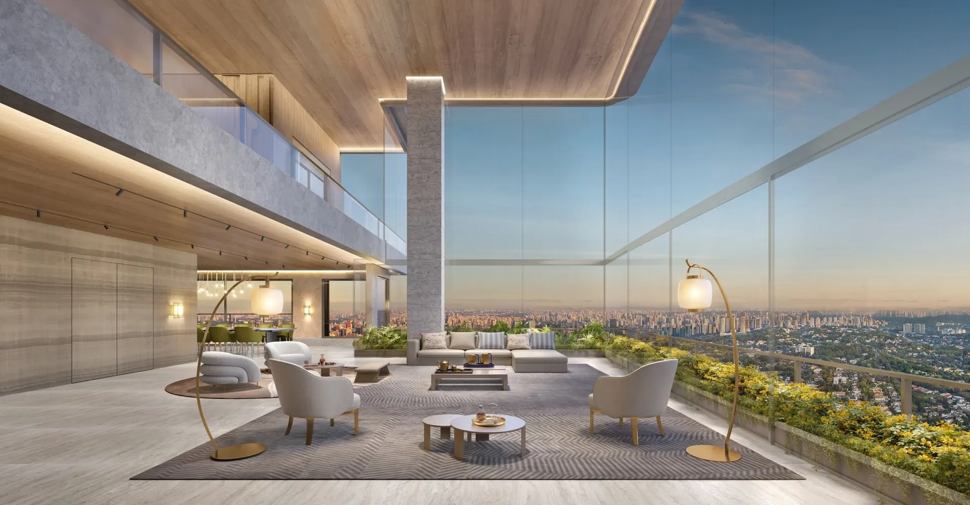 Perspectiva ilustrada da penthouse de 710 m² da Torre Milano: sala envidraçada sob forro de madeira, poltronas claras e a vista aberta da cidade ao entardecer.