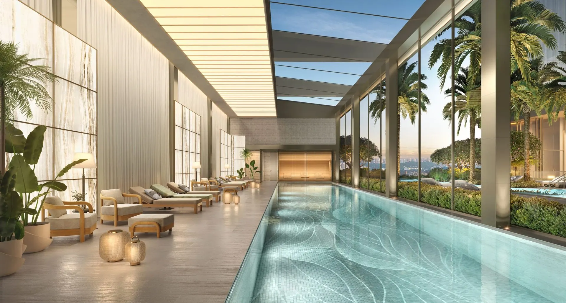 Perspectiva ilustrada da piscina coberta da Torre Venezia: raia comprida sob claraboia, espreguiçadeiras e vidro para o jardim.