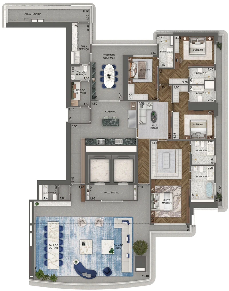 Torre Milano. Planta padrão, 376 m², final 01, pavimentos 3º ao 16º: 4 suítes e sala íntima.