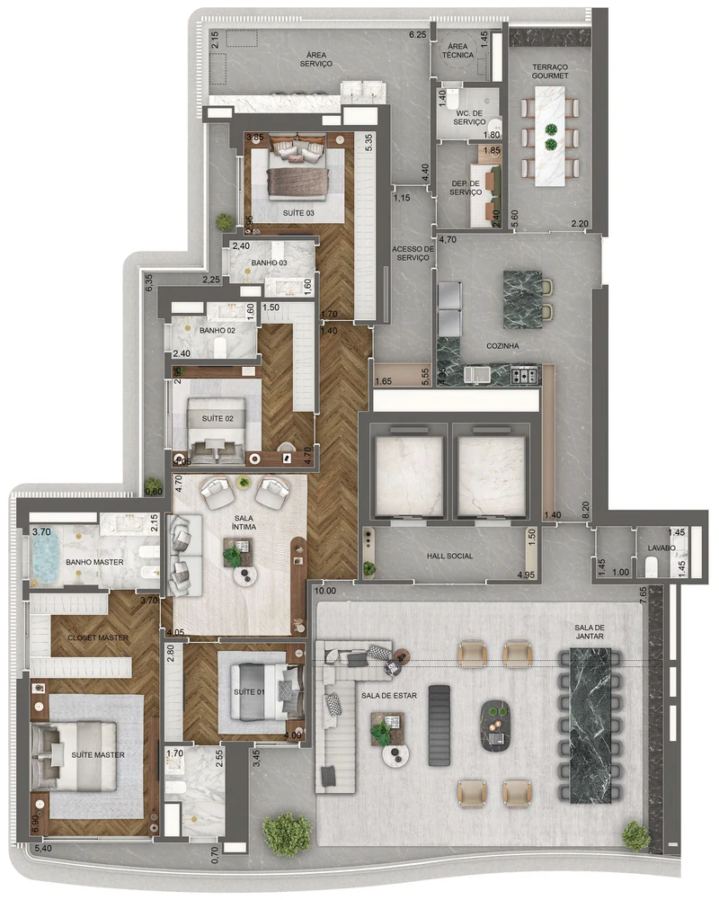 Torre Milano. Planta padrão, 348 m², final 02, pavimentos 3º ao 16º: 4 suítes e sala íntima.