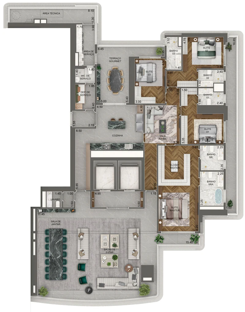 Torre Milano. Planta padrão, 395 m², final 01, pavimentos 17º ao 45º: 4 suítes e sala íntima.