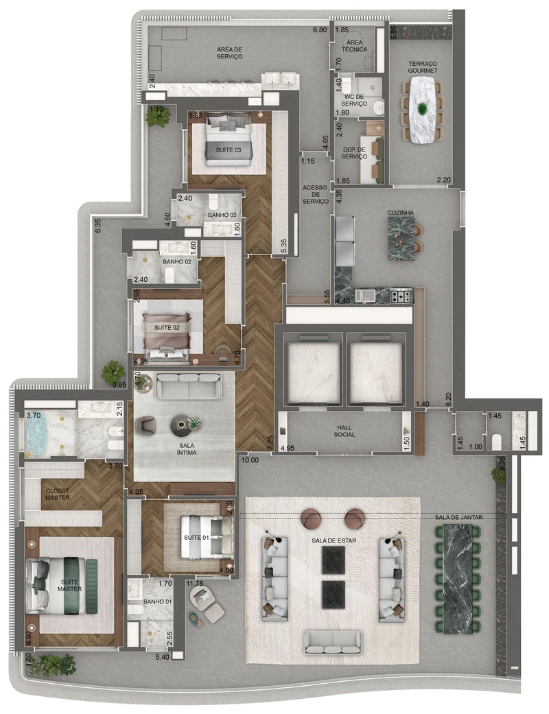 Torre Milano. Planta padrão, 372 m², final 02, pavimentos 17º ao 45º: 4 suítes e sala íntima.