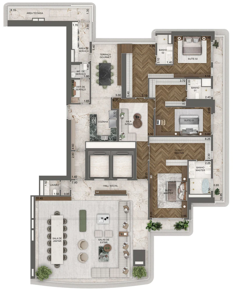 Torre Milano. Opção 1, 395 m², final 01, pavimentos 17º ao 45º: 3 suítes e sala íntima.