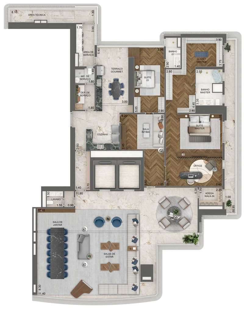 Torre Milano. Opção 2, 395 m², final 01, pavimentos 17º ao 45º: 2 suítes, sala ampliada com adega e home office.