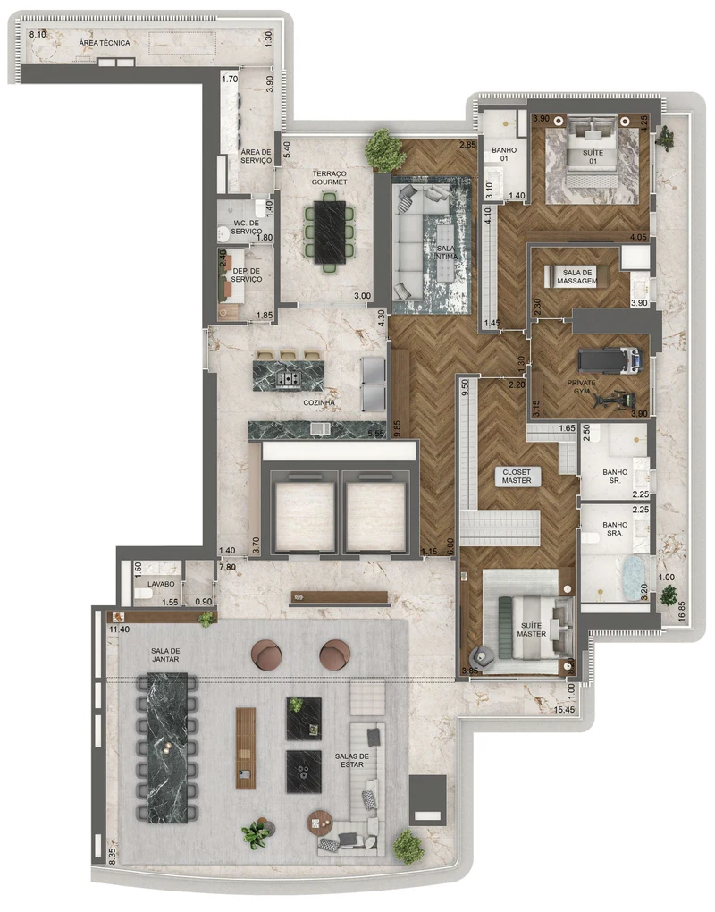 Torre Milano. Opção 3, 395 m², final 01, pavimentos 17º ao 45º: 2 suítes, sala íntima e private gym.