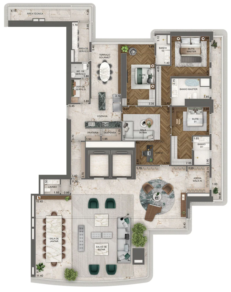 Torre Milano. Opção 4, 395 m², final 01, pavimentos 17º ao 45º: 3 suítes, sala íntima, sala ampliada e adega.