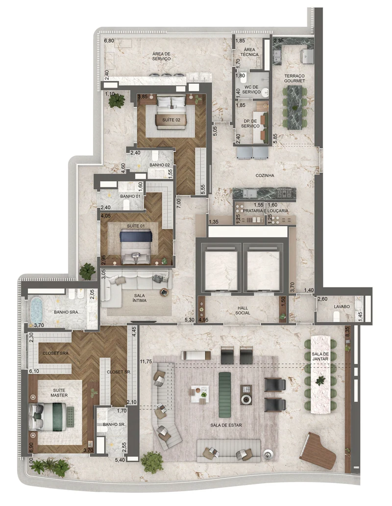 Torre Milano. Opção 3, 372 m², final 02, pavimentos 17º ao 45º: 3 suítes e sala íntima.