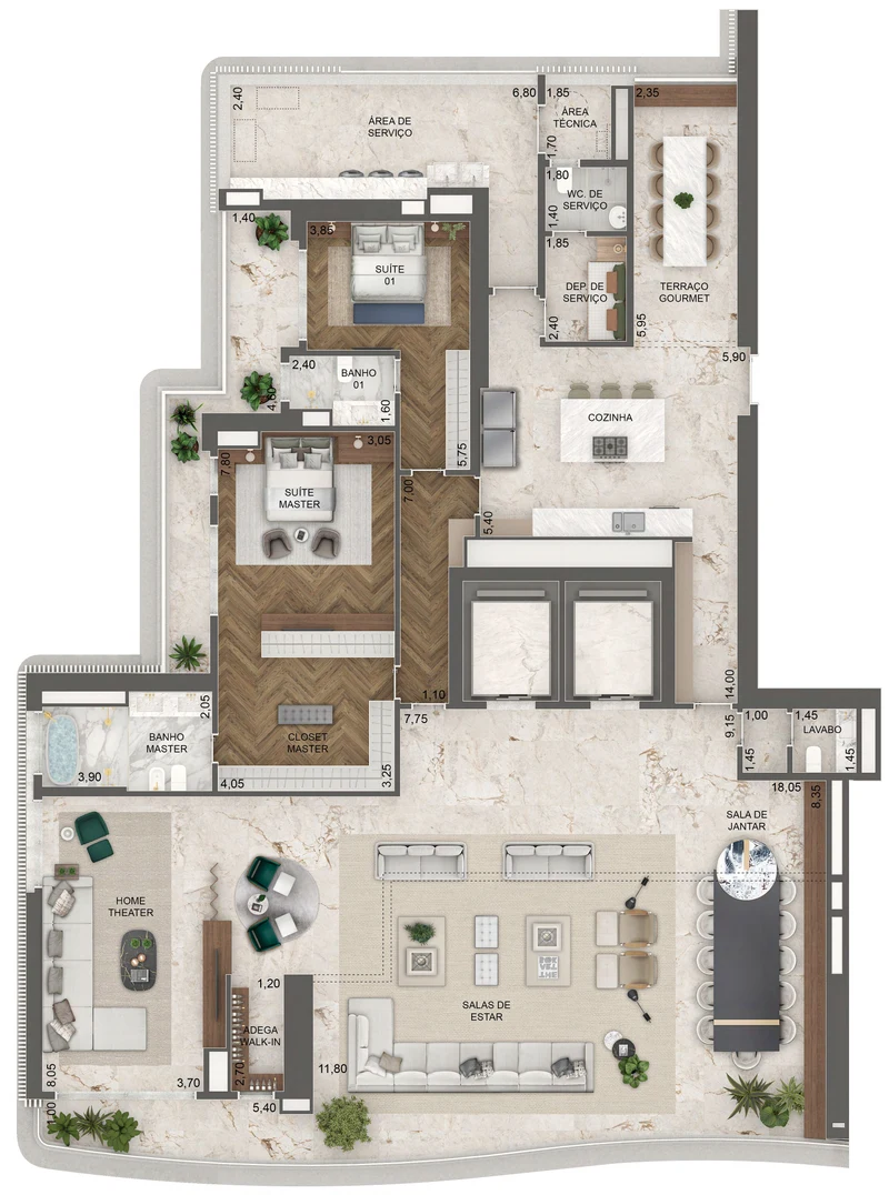 Torre Milano. Opção 4, 372 m², final 02, pavimentos 17º ao 45º: 2 suítes e sala ampliada com home theater.