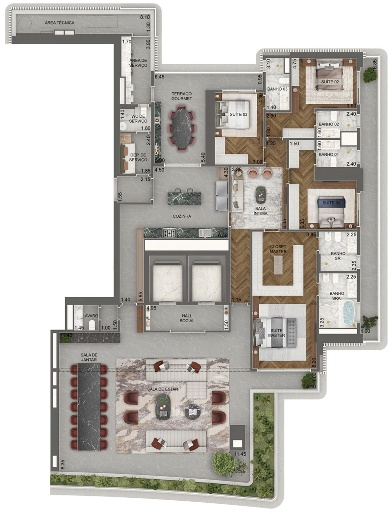 Torre Milano. Planta padrão, 411,5 m², final 01, pavimentos 48º e 51º: 4 suítes e sala íntima.