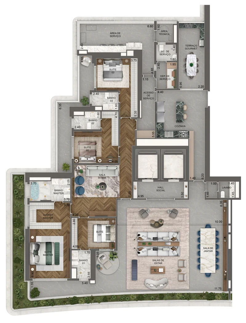 Torre Milano. Planta padrão, 403 m², final 02, pavimentos 48º e 51º: 4 suítes e sala íntima.