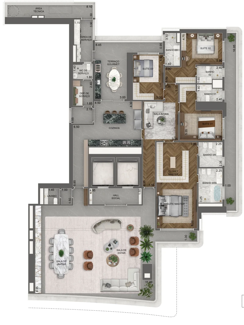 Torre Milano. Planta padrão, 393 m², final 01, pavimentos 49º, 50º, 52º e 53º: 4 suítes e sala íntima.