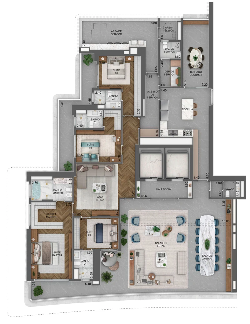 Torre Milano. Planta padrão, 370,5 m², final 02, pavimentos 49º, 50º, 52º e 53º: 4 suítes e sala íntima.