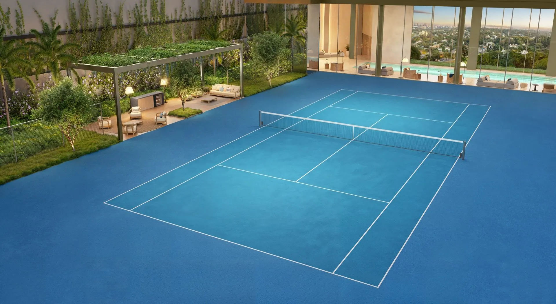 Perspectiva ilustrada da quadra de tênis da Torre Milano, com o tennis lounge ao lado e jardins em volta.
