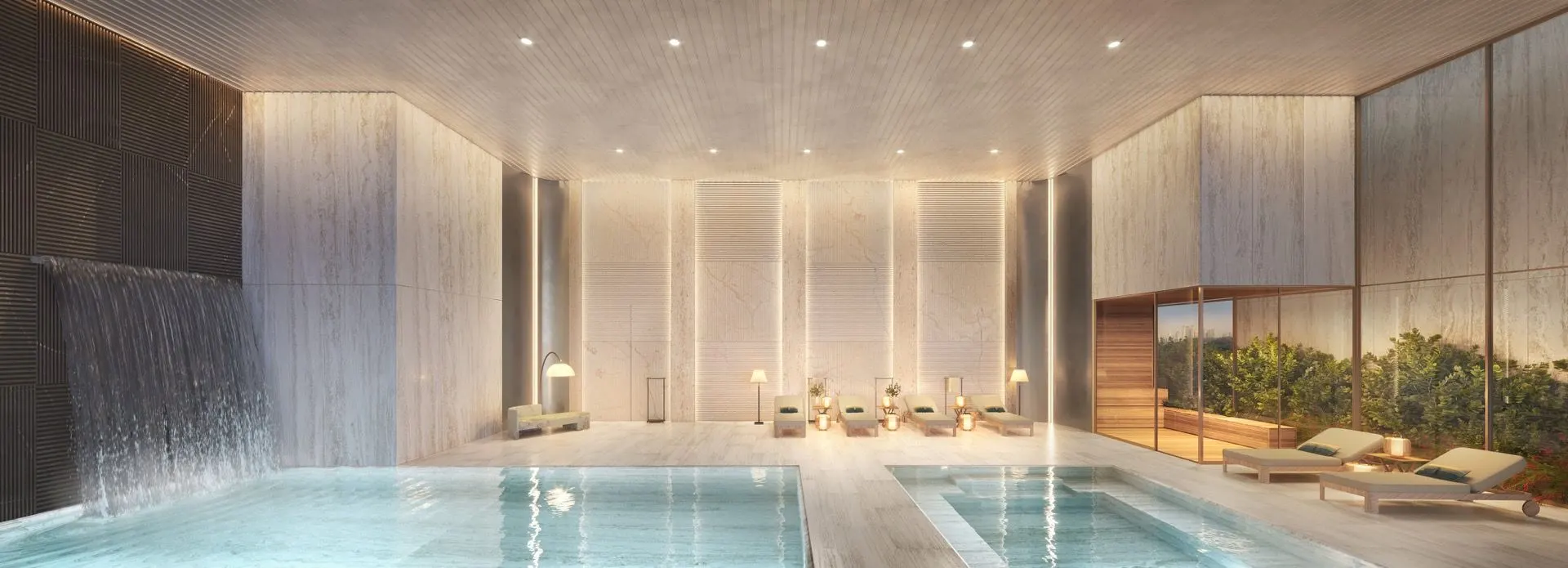 Perspectiva ilustrada de uma piscina interna no 44º pavimento da Torre Venezia, com uma cortina d'água e painéis de luz ao fundo.