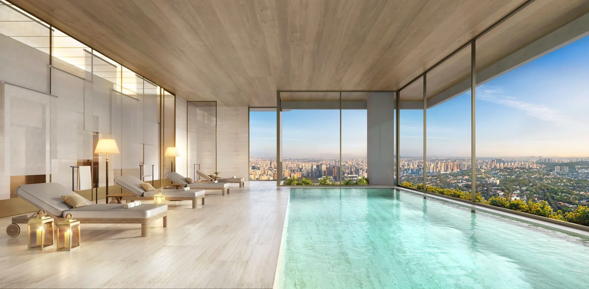 Perspectiva ilustrada do The Spa da Torre Milano: piscina sob forro de madeira, espreguiçadeiras e a cidade atrás do vidro.