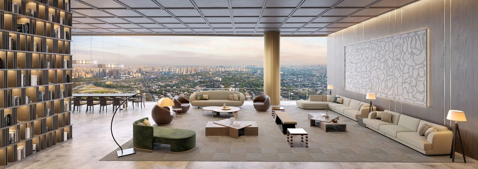 Perspectiva ilustrada do living do apartamento de 515 m²: estantes de madeira, mesa de jantar, sofás e a cidade em toda a extensão das janelas.
