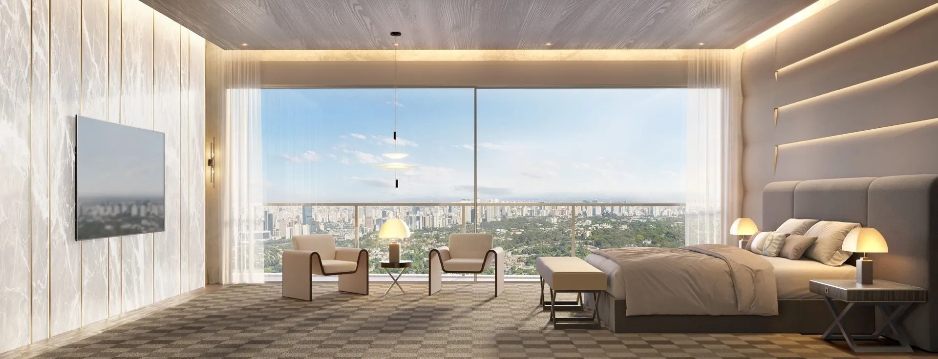 Perspectiva ilustrada da suíte master do apartamento de 515 m²: cama baixa, poltronas e parede de vidro com a cidade.