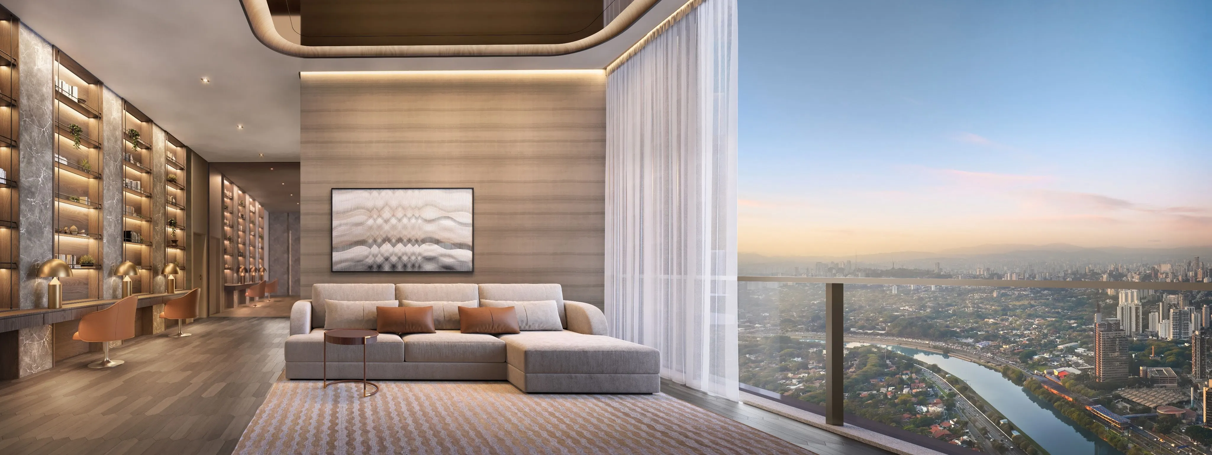 Perspectiva ilustrada da sala íntima do apartamento de 515 m²: sofá claro, painel de madeira e, na janela, o Rio Pinheiros ao entardecer.