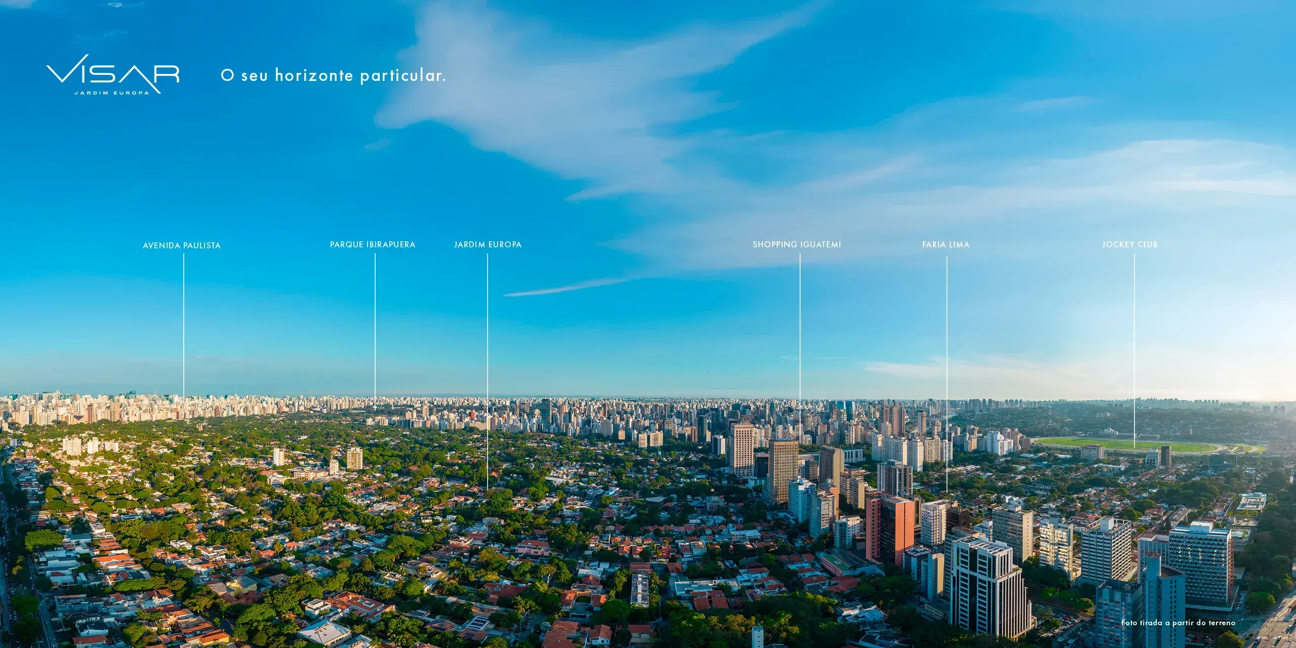 Foto aérea tirada a partir do terreno: o verde do Jardim Europa em primeiro plano e, no horizonte, a Avenida Paulista, o Parque Ibirapuera, o Shopping Iguatemi, a Faria Lima e o Jockey Club, cada um marcado por um fio com o nome.