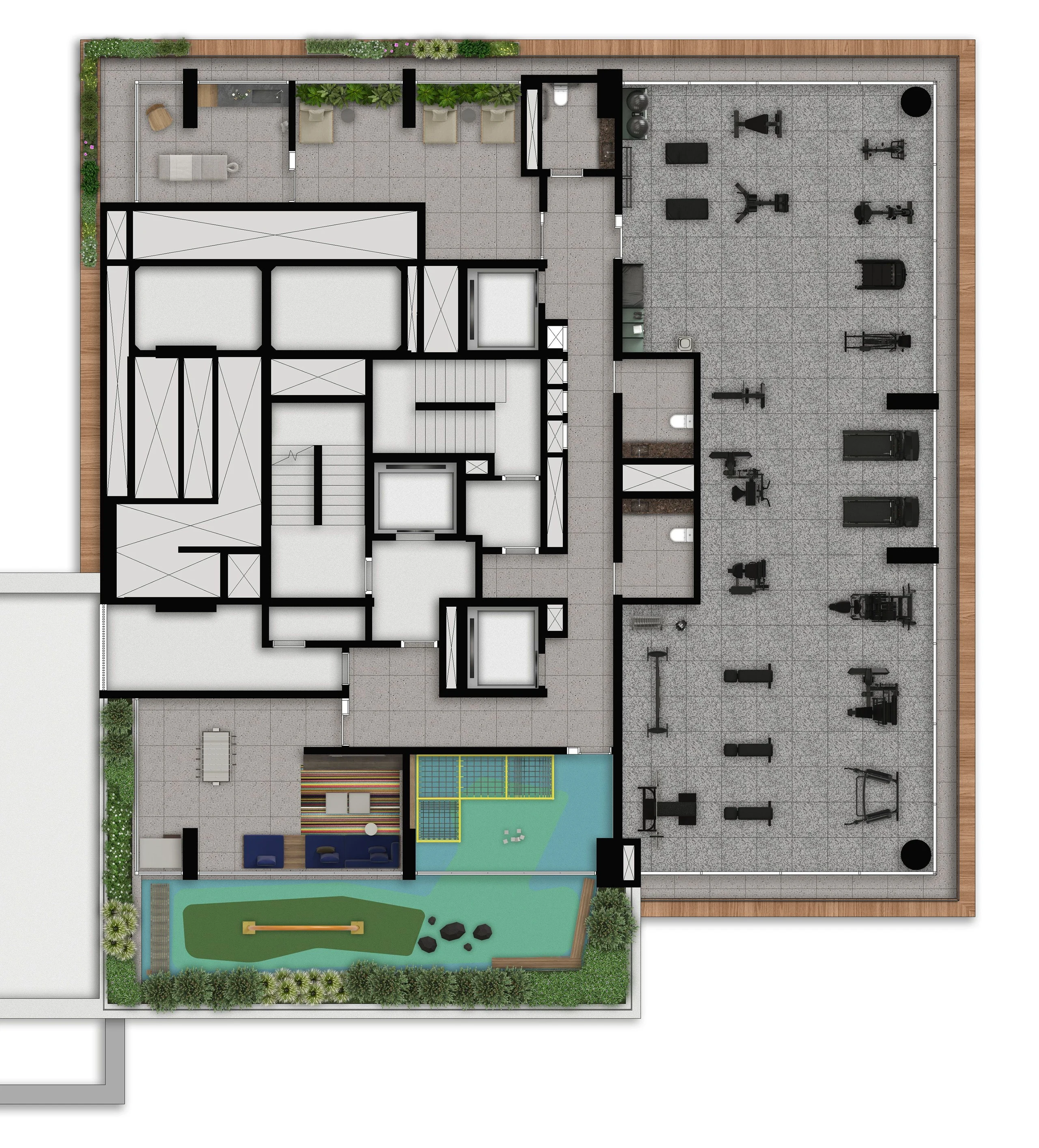 A planta do lazer do 11º andar vista de cima: a academia ao longo da fachada envidraçada, o spa, a sala de massagem, o salão de jogos, a brinquedoteca e o playground no canto.