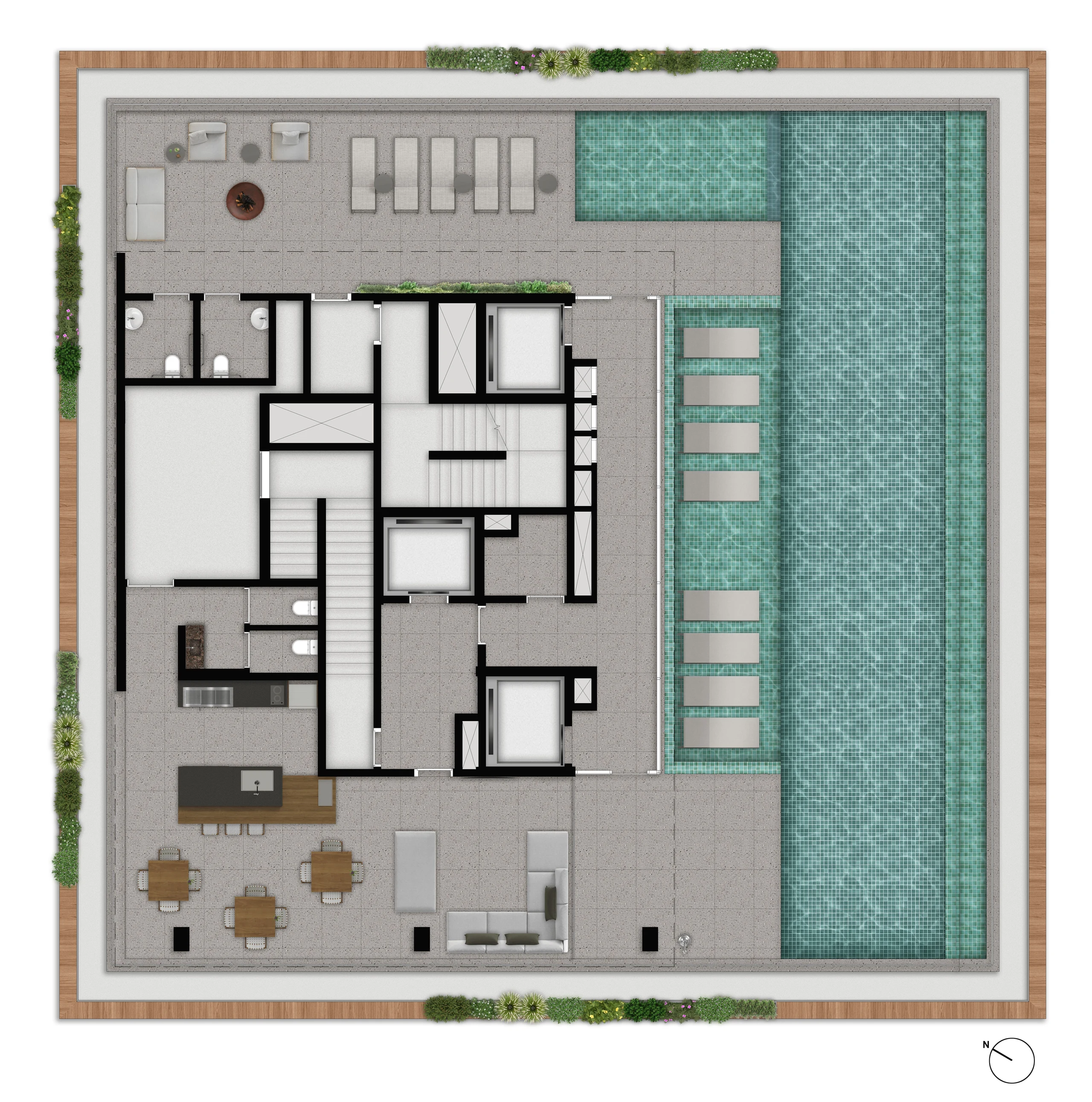 A planta do rooftop do 44º andar vista de cima: a piscina de borda infinita ao longo de um lado, com a prainha, as espreguiçadeiras, o espaço gourmet e o sky lounge.