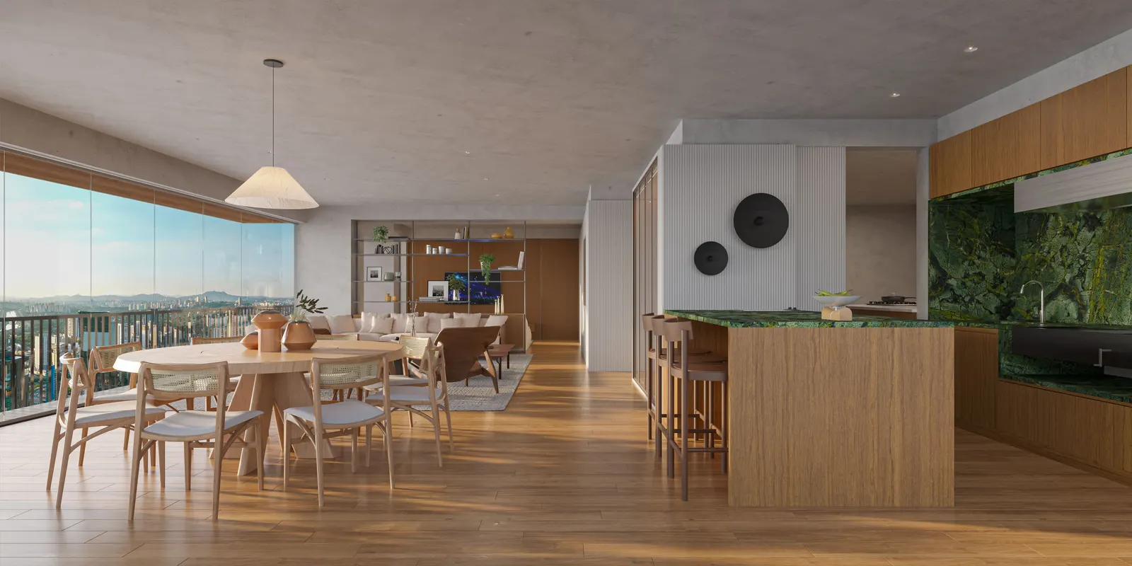 O living da opção 2 com a mesa redonda, a cozinha integrada com ilha e o jardim vertical, e a parede de vidro para a cidade.